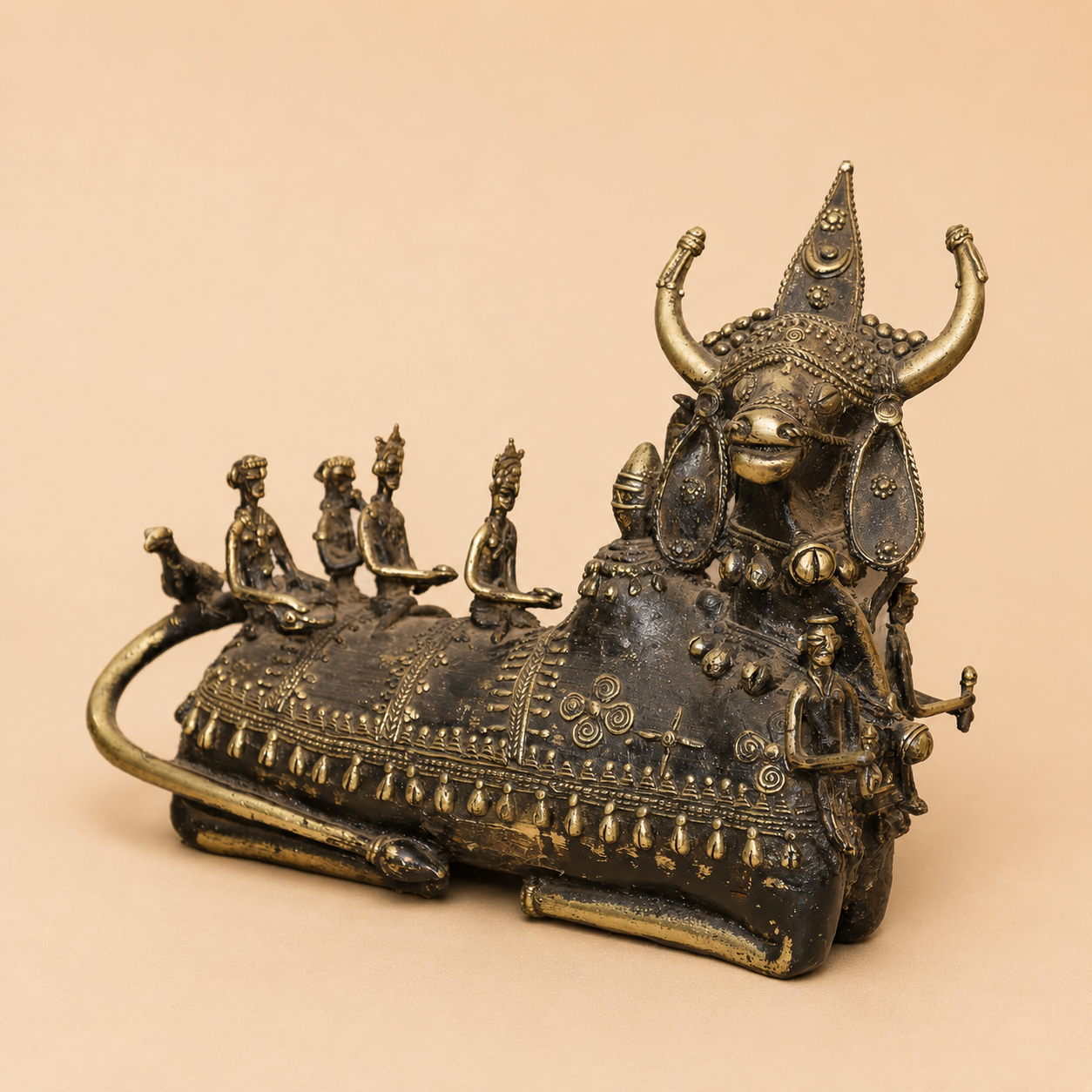 Antique brass Nandi-inspired sculpture with riders