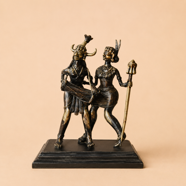 Antique bronze couple sculpture on pedestal