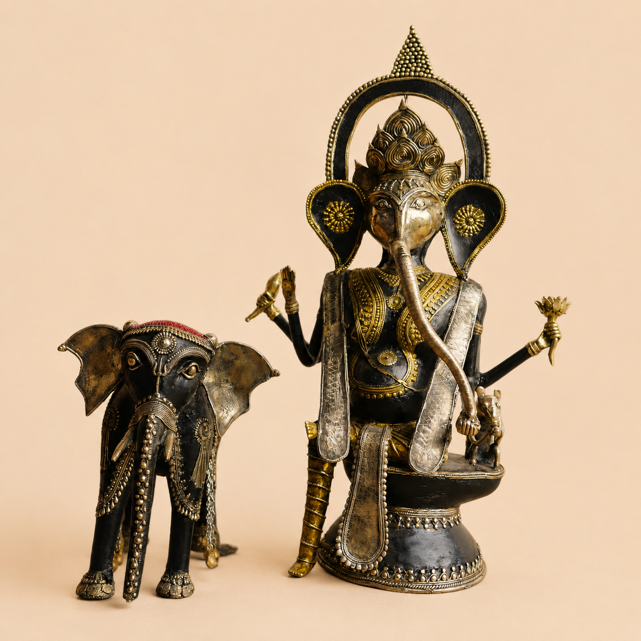 Ornate Ganesha and elephant figurines