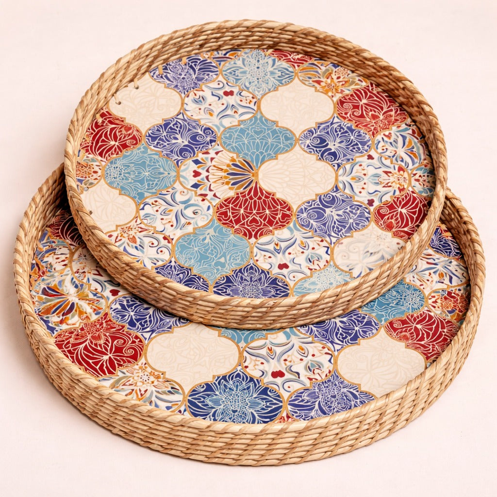 Ornate Moroccan mosaic rattan trays