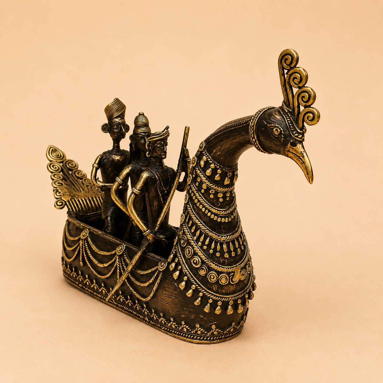 Ornate boat sculpture with stylized figures