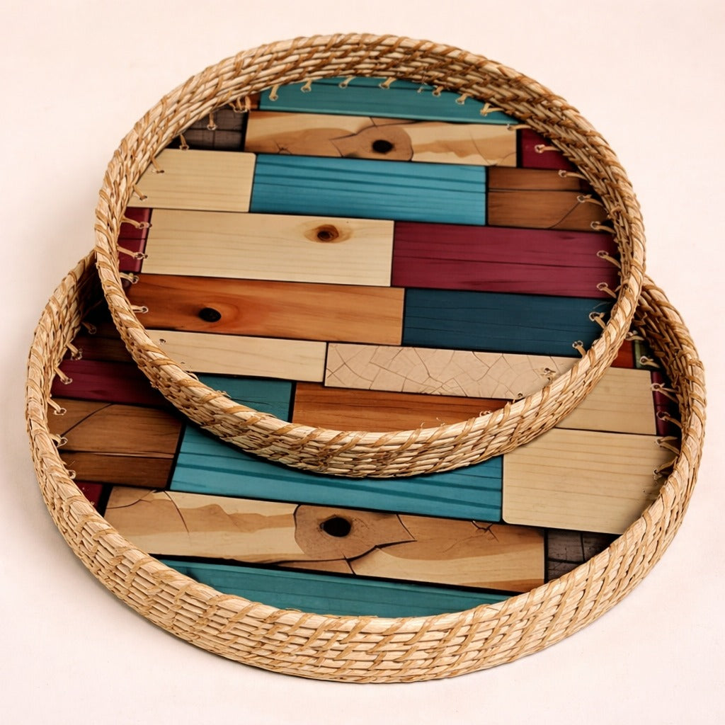 Rustic woven rattan serving trays